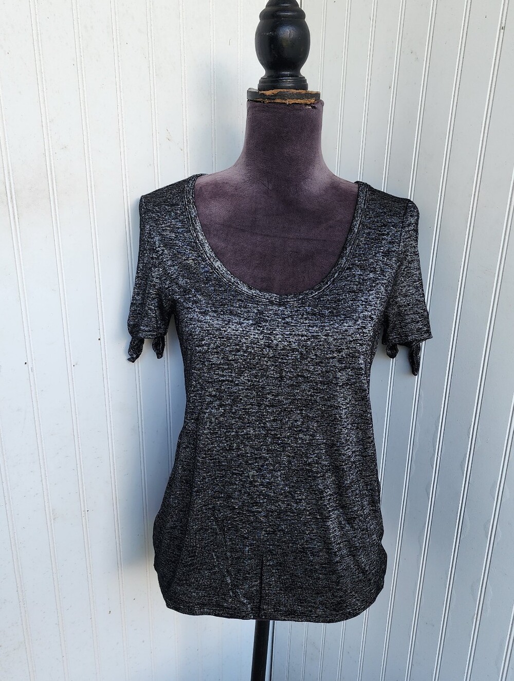 WHBM Black Marled Metallic Short Sleeve Stretchy Top Rayon Tie Sleeve Sz S